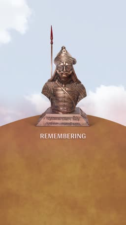 Bronze bust statue of Maharana Pratap against a cloudy sky background
