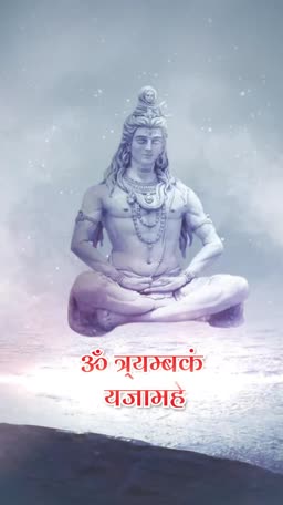 A peaceful artistic depiction of Lord Shiva meditating above a serene ocean with the Sanskrit mantra Om Tryambakam Yajamahe