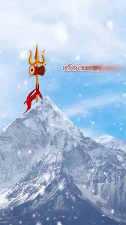 A golden Trishul with a drum placed on top of a snowy mountain peak under a blue sky.
