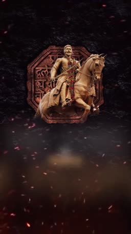 A regal statue of Chhatrapati Shivaji Maharaj riding a horse against a dark, textured background with subtle particle effects.