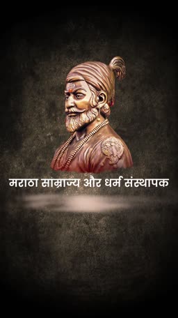 A metallic statue of Chhatrapati Shivaji Maharaj against a dark textured background with Hindi text