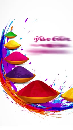 A collection of colorful Holi festival gulal powder bowls arranged in a curved splash pattern on a white background.