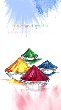 Colorful holi powders in bowls with Gujarati text wishing a vibrant life