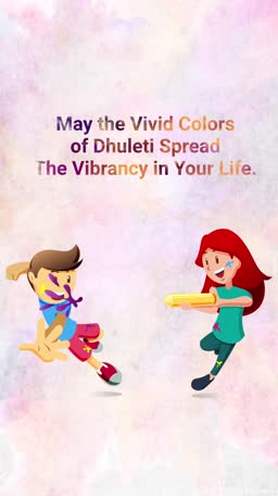 An illustration of a boy and a girl celebrating the Indian festival of Dhuleti with colors, featuring a warm greeting text.