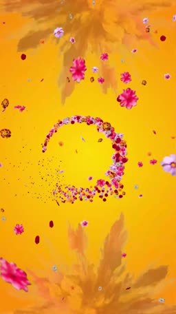 A vibrant yellow background with a swirling circular formation of colorful flower petals and scattered floral elements.
