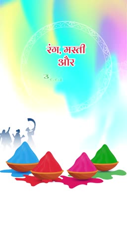 Vibrant Holi festival greeting with colorful powder bowls and Hindi text