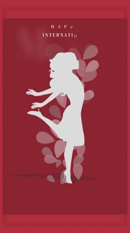 A white silhouette of a woman celebrating on a deep red background with petal-like shapes