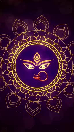 Golden outline of Goddess Durga eyes and traditional jewelry on a deep purple background