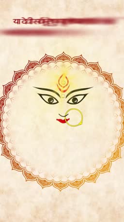 Stylized illustration of Goddess Durga's eyes with a traditional mandala frame