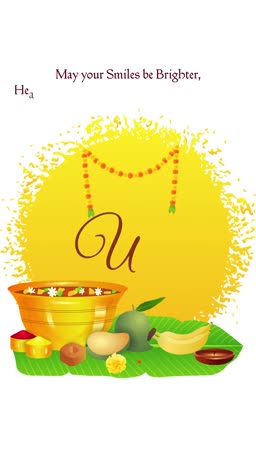 A festive Vishu greeting card with traditional symbols like a brass bowl of fruits, banana leaves, and marigold garlands against a bright yellow background.
