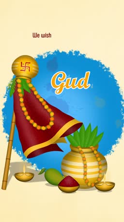 Decorative Gudi Padwa festival greeting with a traditional Gudi, Kalash, and oil lamps