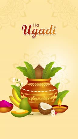 Traditional Indian festival Ugadi celebration poster featuring a decorative kalash, mango leaves, coconuts, and a lit diya lamp on a light yellow background.