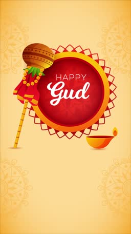 A festive Gudi Padwa graphic featuring a Gudi and a lit diya lamp on a traditional yellow background