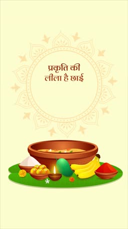A celebratory composition featuring traditional Indian food items like bananas, mangoes, sweets, and a lit diya on a banana leaf against a light cream backdrop with text in Hindi.