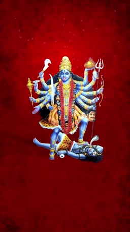 Goddess Kali standing over Lord Shiva against a deep red textured background