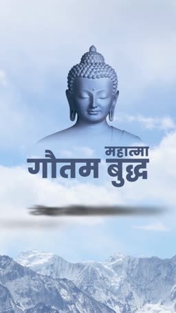 A serene portrait of Gautam Buddha centered against a cloudy blue sky and snowy mountain landscape