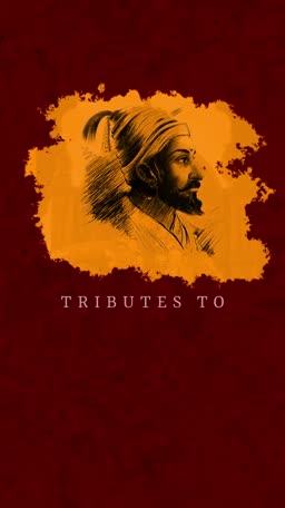 A stylized artistic portrait of Chhatrapati Shivaji Maharaj with a dark red background and orange ink splash effect.