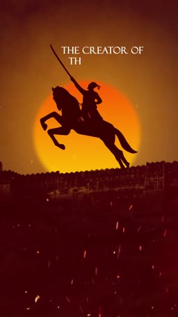 A silhouette of Chhatrapati Shivaji Maharaj on a horse against a sunset background with sparks.