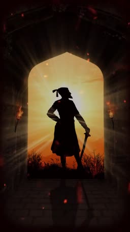 A silhouette of Chhatrapati Shivaji Maharaj standing in an archway with a sword at sunset.