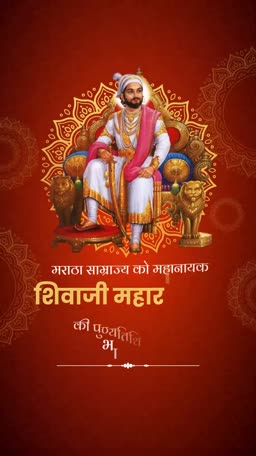 Chhatrapati Shivaji Maharaj seated on a throne with traditional attire and sword on a deep red background.