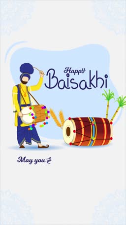 A celebratory Happy Baisakhi poster featuring a Punjabi man playing a dhol drum with traditional attire.