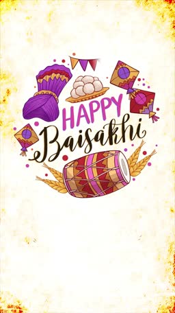 Colorful Happy Baisakhi greeting card with traditional turban, dhol drum, kites, and wheat ears on a vintage textured background