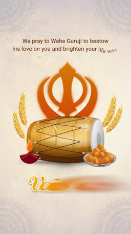 Vaisakhi greeting featuring a Khanda symbol, dhol drum, wheat stalks, diya lamp, and sweets on a textured beige background