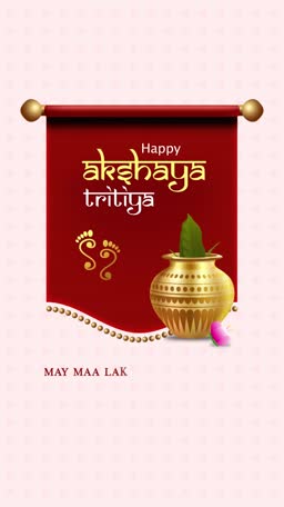 A celebratory poster for Akshaya Tritiya featuring a kalash, lotus, and auspicious footsteps on a red banner.