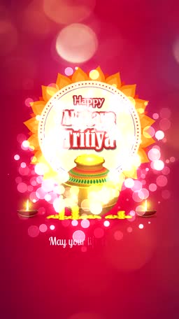 Decorative Akshaya Tritiya festival greeting with Kalash, diyas, and golden coins on a festive red background.