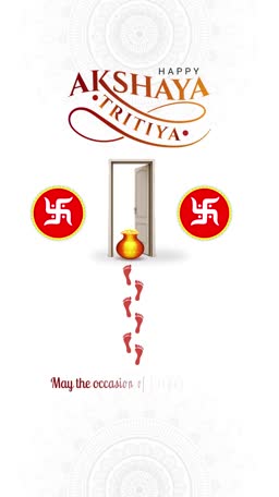 Akshaya Tritiya greeting card featuring a kalash and auspicious swastika symbols