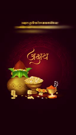 Decorative Akshaya Tritiya greeting card featuring a Kalash, gold coins, and a diya on a dark red background.