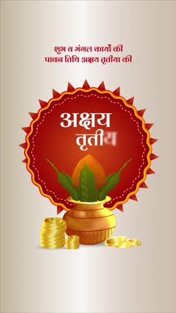 Akshaya Tritiya greeting card featuring a Kalash with gold coins and red circular decorative frame