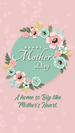 Happy Mother's Day greeting card with soft pink background, a circular sage green frame, and floral decorations.