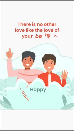 A flat illustration of a happy same-sex couple waving in a light blue abstract environment with the text There is no other love like the love of your bo he