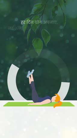 A woman performing yoga exercises on a green mat with nature-themed background