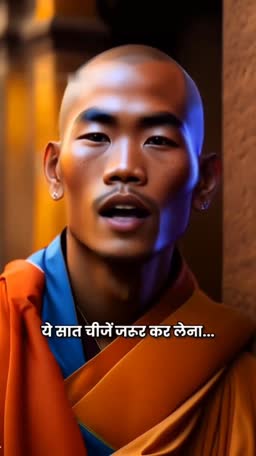 A close-up portrait of a Buddhist monk with Hindi text overlay