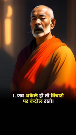 An elderly Buddhist monk with a shaved head wearing saffron robes, overlaid with a Hindi quote about controlling thoughts when alone.