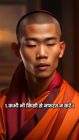 A peaceful Buddhist monk wearing saffron robes with a Hindi wisdom quote overlaid.
