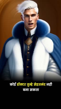A regal man with white hair in a blue and white fur coat against a gold background with Hindi text overlay.