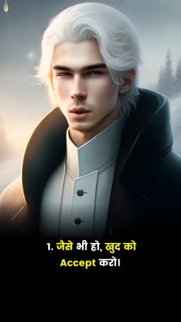 A young man with white hair in a winter background with a self-acceptance quote in Hindi