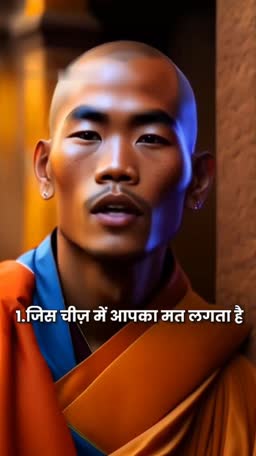 A serene Buddhist monk wearing traditional orange robes delivering an inspirational message