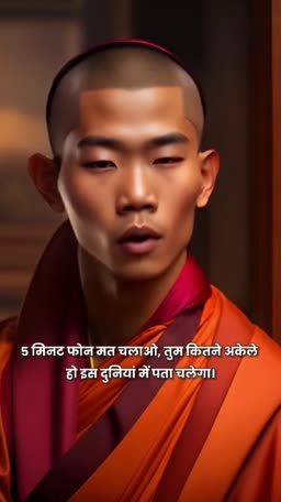 Portrait of a young Buddhist monk with text overlay in Hindi about mindfulness