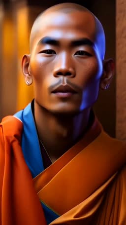 A close-up portrait of a young Asian Buddhist monk in orange and blue robes