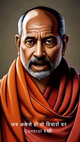A portrait of an elderly Indian man in traditional orange robes with text about controlling thoughts when alone