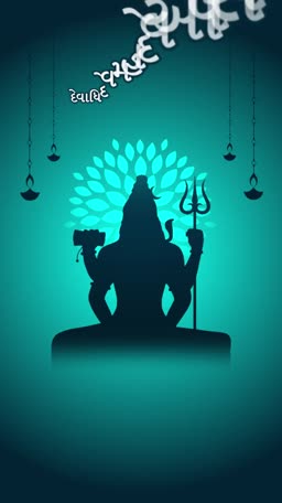 A silhouette of Lord Shiva in a meditative pose against a teal gradient background with traditional lamps