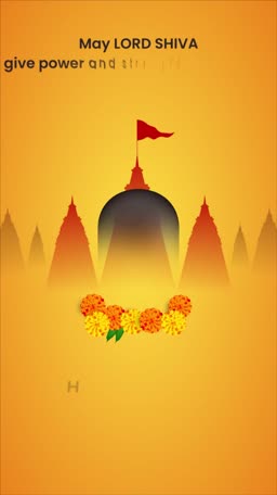 A minimalist graphic of a Hindu temple with marigold flowers and a yellow-orange gradient background for Lord Shiva blessings