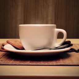 A white cup of coffee with a biscuit on the saucer on a wooden table.