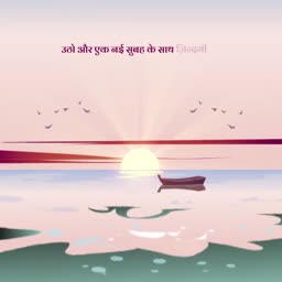 A peaceful sunrise scene over the ocean with a small boat and the Hindi quote Utho aur ek nai subah ke sath zindagi.