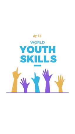 Graphic for World Youth Skills Day with colorful hand illustrations and typography