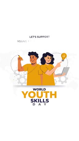 A cartoon illustration featuring a young man and woman demonstrating various skills like writing and coding with a lightbulb representing ideas, promoting World Youth Skills Day.